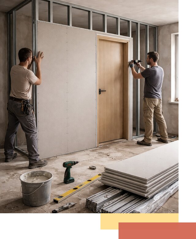 Перегородка из гипсокартона с дверью под ключ в Ставрополе